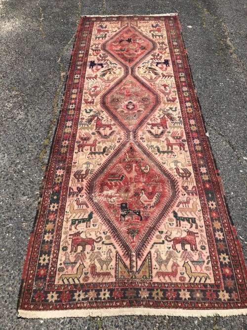 WHAT A BEAUTY - NICE WORN PURE WOOL HAND KNOTTED CROCHET SOUMAK TRIBAL PERSIAN CARPET 2930 X 1110mm