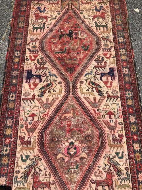 WHAT A BEAUTY - NICE WORN PURE WOOL HAND KNOTTED CROCHET SOUMAK TRIBAL PERSIAN CARPET 2930 X 1110mm