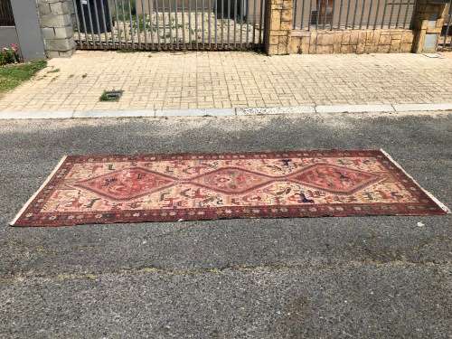 WHAT A BEAUTY - NICE WORN PURE WOOL HAND KNOTTED CROCHET SOUMAK TRIBAL PERSIAN CARPET 2930 X 1110mm