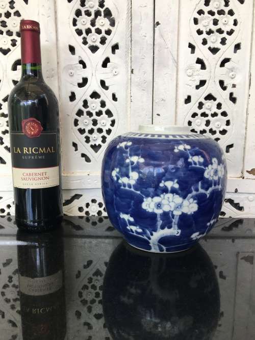 A Large Chinese Prunus Hand Painted Under Glaze Kangxi Double Blue Ring Mark Ginger Jar