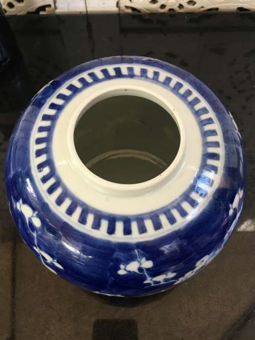 A Large Chinese Prunus Hand Painted Under Glaze Kangxi Double Blue Ring Mark Ginger Jar