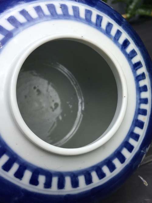 A Large Chinese Prunus Hand Painted Under Glaze Kangxi Double Blue Ring Mark Ginger Jar