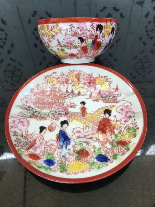 Antique c1920s Dai Nippon Japanese Geisha Kutani Lithophane/Eggshell Porcelain Duo