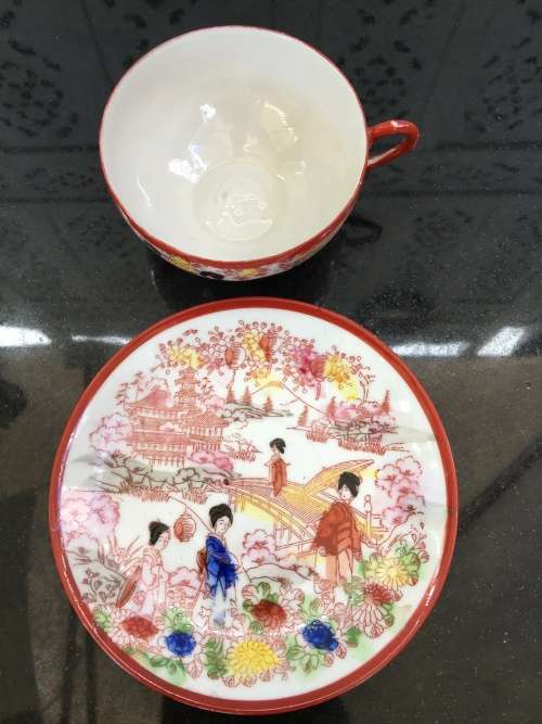 Antique c1920s Dai Nippon Japanese Geisha Kutani Lithophane/Eggshell Porcelain Duo