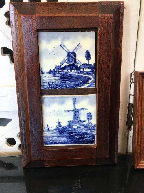 Delightful Small Antique Delft Blue Hand Painted & Framed Windmill Tiles. Please view pics