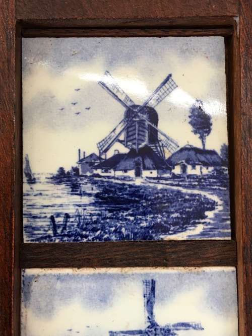 Delightful Small Antique Delft Blue Hand Painted & Framed Windmill Tiles. Please view pics