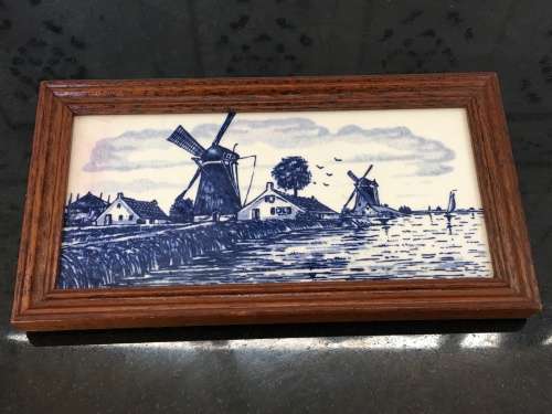 Delightful Small Antique Delft Blue Hand Painted & Framed Windmill Tiles. Please view pics