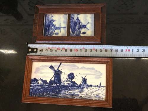 Delightful Small Antique Delft Blue Hand Painted & Framed Windmill Tiles. Please view pics