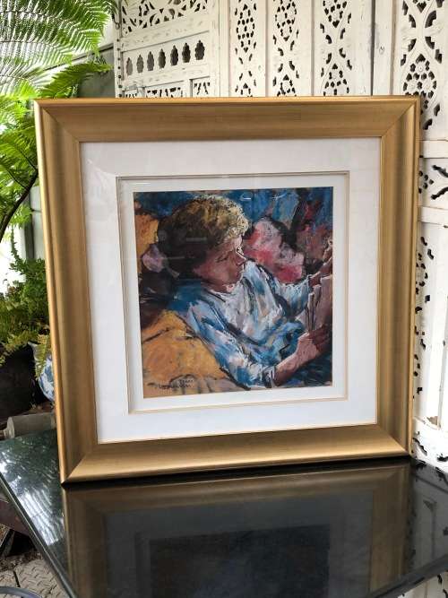 INVESTMENT ART !!! HENNIE NIEMANN (1941 -) SA ARTIST - FRAMED OIL AND PASTEL ON CARD - BOY READING