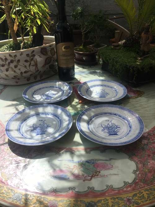 4 x 18 cm Chinese Rice Grain Chreysanthemum Pattern Plates - c1990s Guangming Jingdez