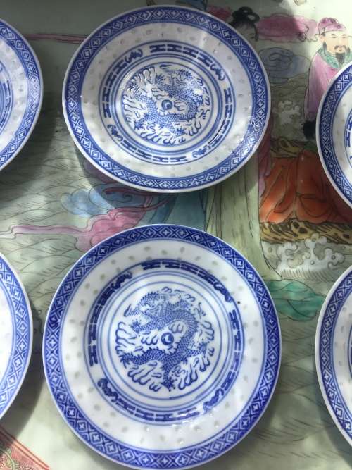 Vintage c1980s Chinese Rice Pattern Dragon Oval 23 cm Porcelain Plates x 6