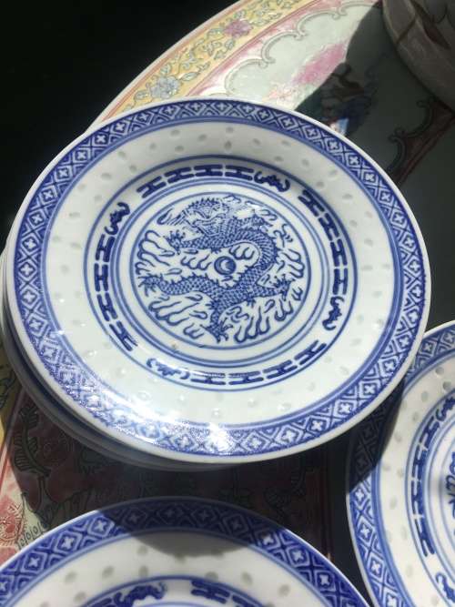 Vintage c1980s Chinese Rice Pattern Dragon Oval 23 cm Porcelain Plates x 6