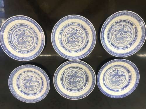 Vintage c1980s Chinese Rice Pattern Dragon Oval 23 cm Porcelain Plates x 6