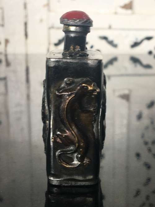 Antique Chinese Nei Wu Fu Zao Marked Brass Snuff Bottle Coral Cap