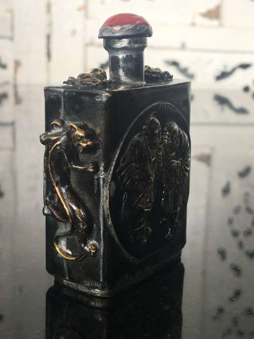 Antique Chinese Nei Wu Fu Zao Marked Brass Snuff Bottle Coral Cap