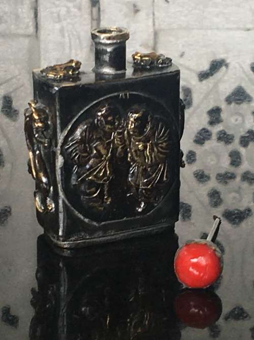 Antique Chinese Nei Wu Fu Zao Marked Brass Snuff Bottle Coral Cap