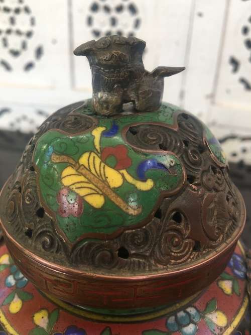 Beautiful Antique Chinese Dragon Cloisonne Foo Lion Tripod Incense Burner /Censer lots of character.