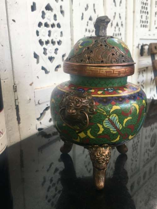 Beautiful Antique Chinese Dragon Cloisonne Foo Lion Tripod Incense Burner /Censer lots of character.