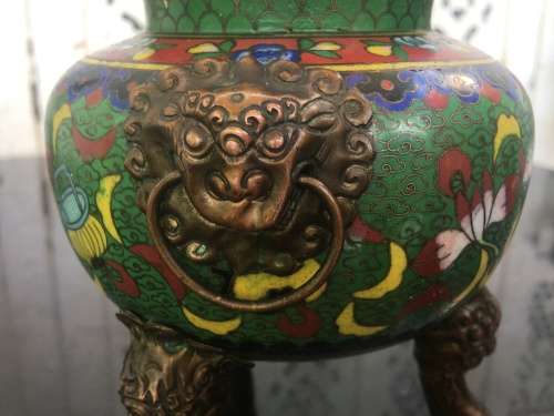 Beautiful Antique Chinese Dragon Cloisonne Foo Lion Tripod Incense Burner /Censer lots of character.