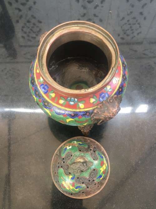 Beautiful Antique Chinese Dragon Cloisonne Foo Lion Tripod Incense Burner /Censer lots of character.