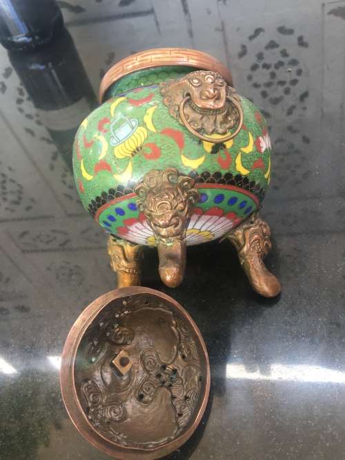 Beautiful Antique Chinese Dragon Cloisonne Foo Lion Tripod Incense Burner /Censer lots of character.