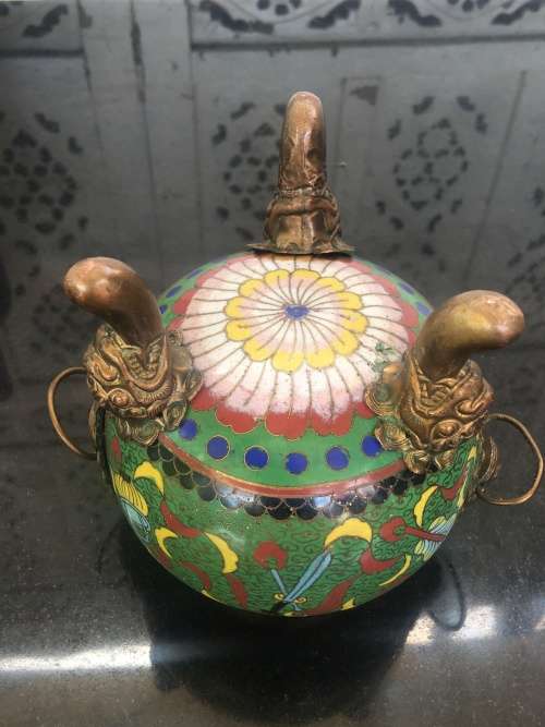 Beautiful Antique Chinese Dragon Cloisonne Foo Lion Tripod Incense Burner /Censer lots of character.