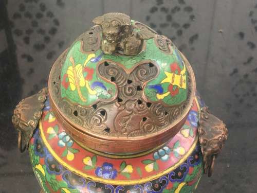 Beautiful Antique Chinese Dragon Cloisonne Foo Lion Tripod Incense Burner /Censer lots of character.