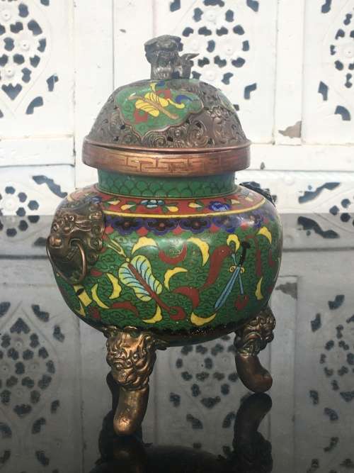Beautiful Antique Chinese Dragon Cloisonne Foo Lion Tripod Incense Burner /Censer lots of character.