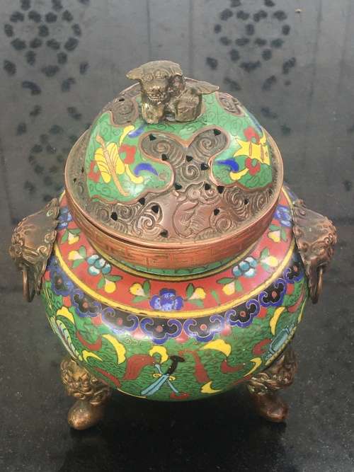 Beautiful Antique Chinese Dragon Cloisonne Foo Lion Tripod Incense Burner /Censer lots of character.