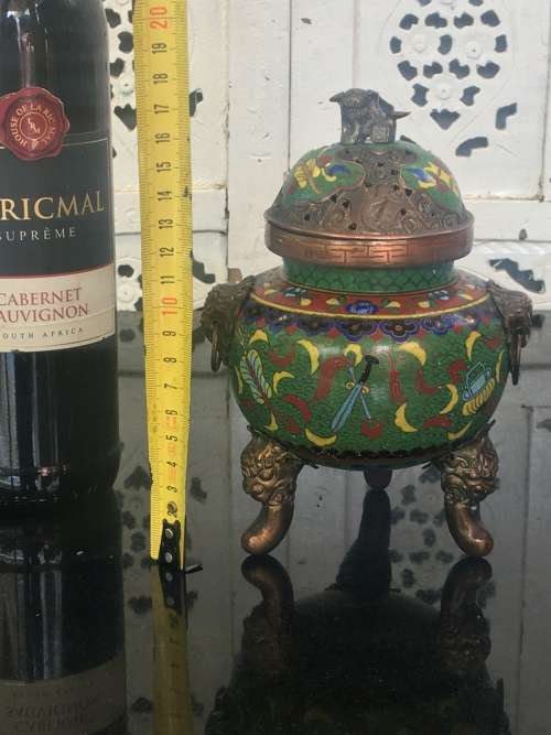 Beautiful Antique Chinese Dragon Cloisonne Foo Lion Tripod Incense Burner /Censer lots of character.
