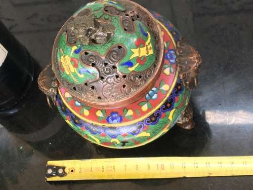 Beautiful Antique Chinese Dragon Cloisonne Foo Lion Tripod Incense Burner /Censer lots of character.