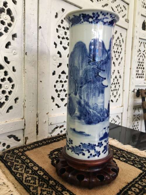 Museum Quality Antique Qing Dynasty c1916 Kangxi Nian Mark Chinese Brush Pot on Wood Stand.