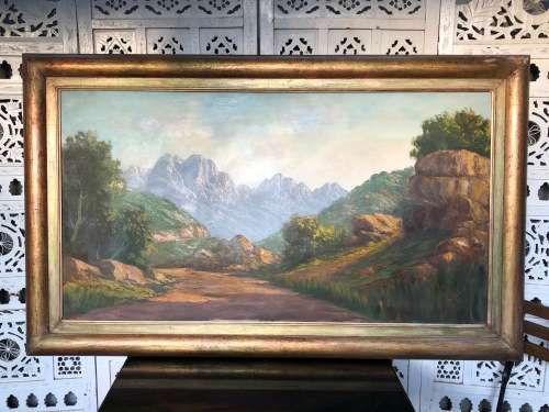 INVESTMENT ART - JL FOURE (SA 20th CENTURY) MASSIVE OIL ON CANVAS LANDSCAPE TITLED "DU TOIT's KLOOF"