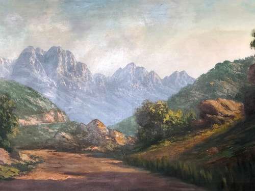 INVESTMENT ART - JL FOURE (SA 20th CENTURY) MASSIVE OIL ON CANVAS LANDSCAPE TITLED "DU TOIT's KLOOF"