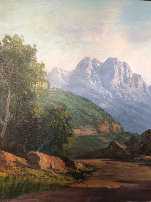 INVESTMENT ART - JL FOURE (SA 20th CENTURY) MASSIVE OIL ON CANVAS LANDSCAPE TITLED "DU TOIT's KLOOF"