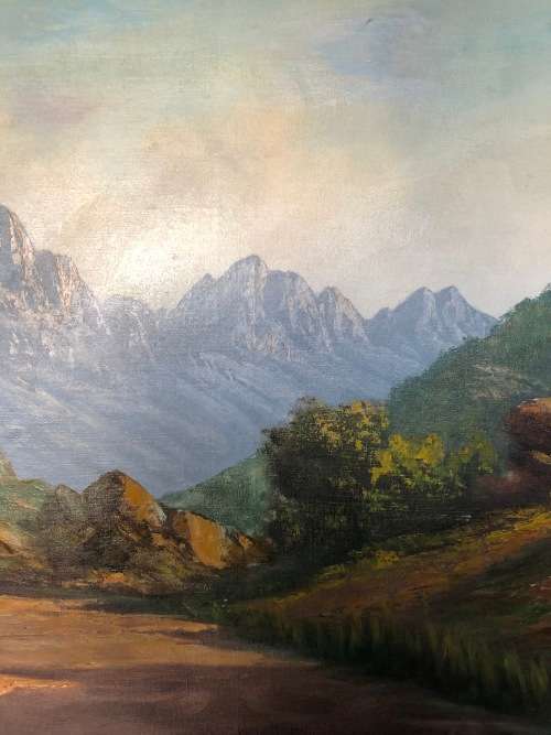 INVESTMENT ART - JL FOURE (SA 20th CENTURY) MASSIVE OIL ON CANVAS LANDSCAPE TITLED "DU TOIT's KLOOF"