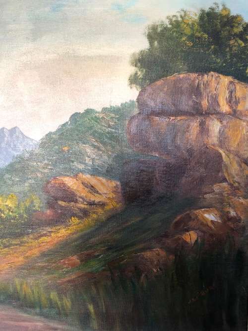 INVESTMENT ART - JL FOURE (SA 20th CENTURY) MASSIVE OIL ON CANVAS LANDSCAPE TITLED "DU TOIT's KLOOF"
