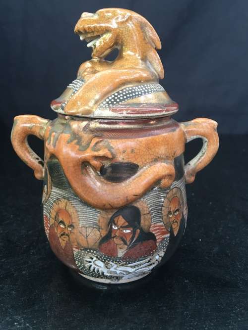Beautiful Meiji Period Satsuma Shimazu Clan Family Crest, Kazan Moriage Dragon & Gods D/H Lidded Pot