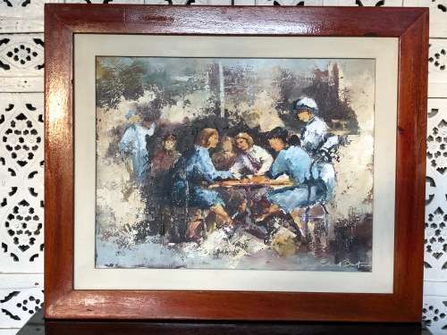 INVESTMENT ART !! EDMUND BARTON (SA 20th CENTURY) FRAMED OIL ON BOARD - CAFE SCENE