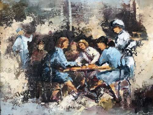 INVESTMENT ART !! EDMUND BARTON (SA 20th CENTURY) FRAMED OIL ON BOARD - CAFE SCENE