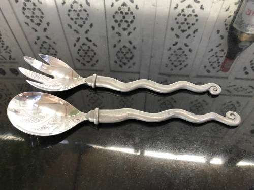 WOW !!! VINTAGE CARROL BOYES PEWTER SALAD SERVERS - WAVE PATTERN