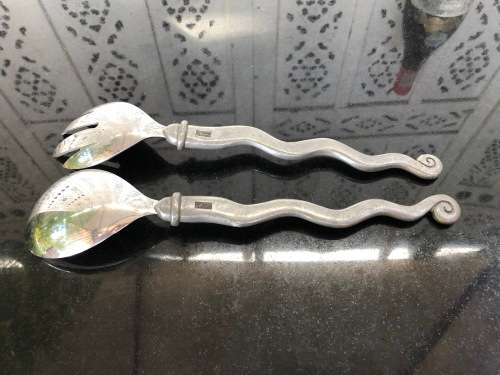 WOW !!! VINTAGE CARROL BOYES PEWTER SALAD SERVERS - WAVE PATTERN