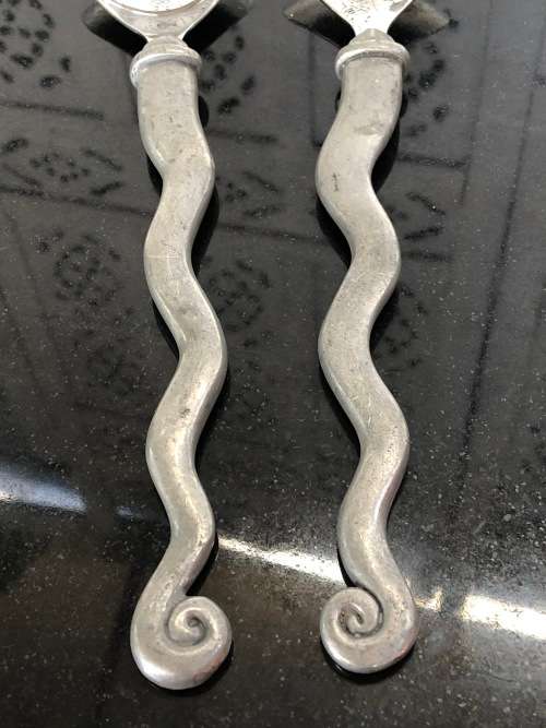 WOW !!! VINTAGE CARROL BOYES PEWTER SALAD SERVERS - WAVE PATTERN