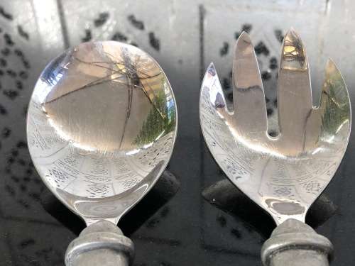WOW !!! VINTAGE CARROL BOYES PEWTER SALAD SERVERS - WAVE PATTERN
