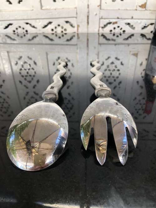 WOW !!! VINTAGE CARROL BOYES PEWTER SALAD SERVERS - WAVE PATTERN