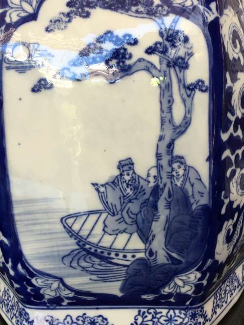 Stunning X Large Chinese Under Glaze Blue Hand Painted Pictorial Porcelain Caddy