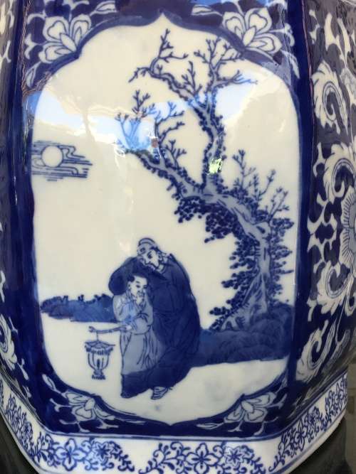 Stunning X Large Chinese Under Glaze Blue Hand Painted Pictorial Porcelain Caddy