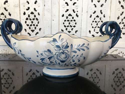 Large Portugal Marked Capodimonte Style Footed & Double Handle Porcelain /Center Piece Fruit Dish
