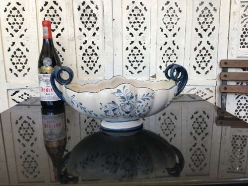 Large Portugal Marked Capodimonte Style Footed & Double Handle Porcelain /Center Piece Fruit Dish
