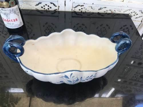 Large Portugal Marked Capodimonte Style Footed & Double Handle Porcelain /Center Piece Fruit Dish